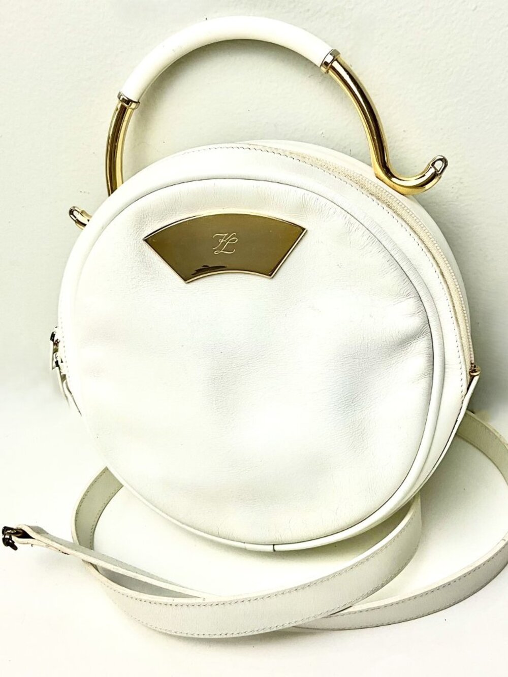 Vintage RALPH LAUREN Mini Round Leather Bag white Gold Hardware Top Handle Italy
